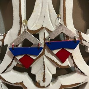 Abstract red white blue metal dangle earrings